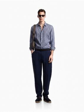Emporio Armani Blue Linen-Blend Casual Button-Down Shirt Limited